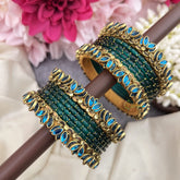 Vriksham Royal Peacock Blue With Blue Lotus & Kundan Floral Style Silk Thread Bangle Set-G19878
